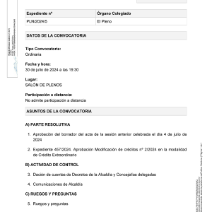 Convocatoria a Pleno sesión ordinaria, martes 30 de julio a las 19:30h